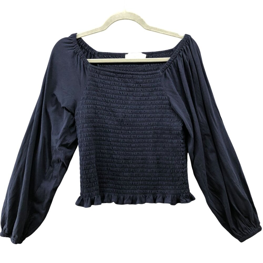 Loft Square Neck Smocked Top Womens M Navy‎ Blue Long Sleeve Ruffle Hem Cotton
